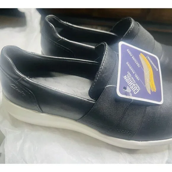 New Clarks Comfort Shoes Womens  6 Flats Black White Textured Pods Insole Heel - Picture 2 of 5